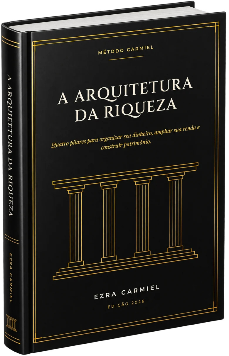 Capa de A Arquitetura da Riqueza, de Ezra Carmiel: capa preta com quatro colunas douradas